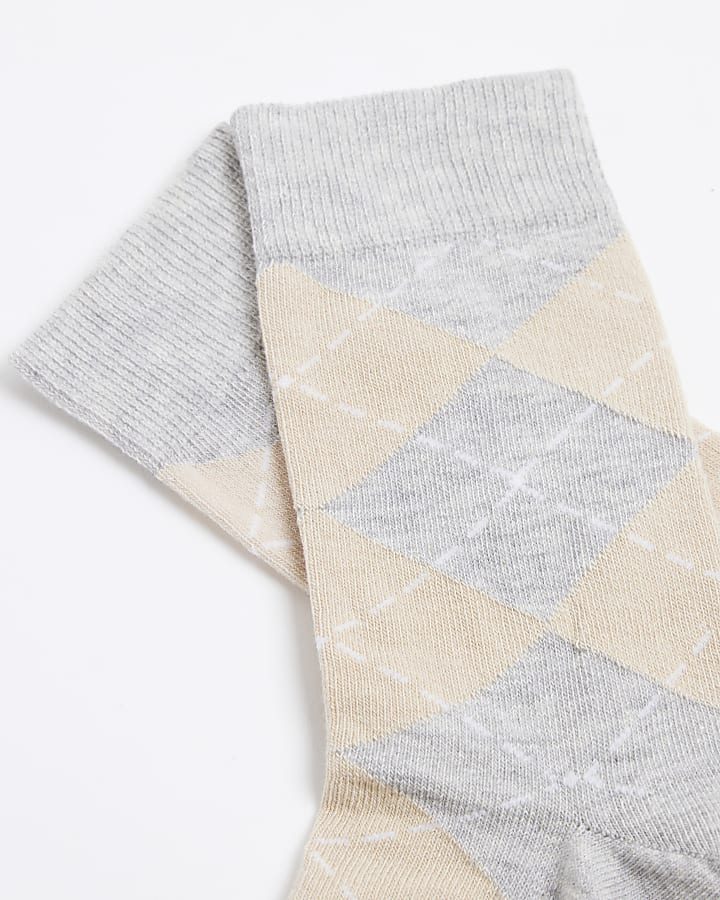 Grey Argyle Check Ankle Socks