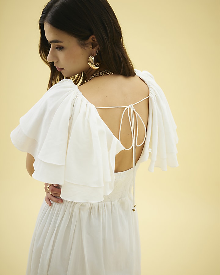 White Short Flutter Sleeve Shirred Midi Dress