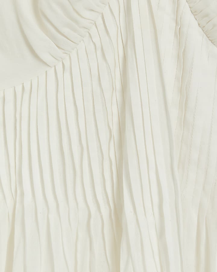 White Short Flutter Sleeve Shirred Midi Dress
