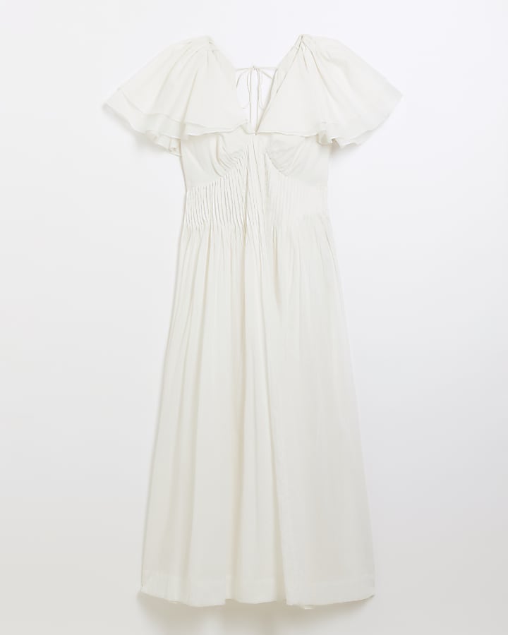 White Short Flutter Sleeve Shirred Midi Dress