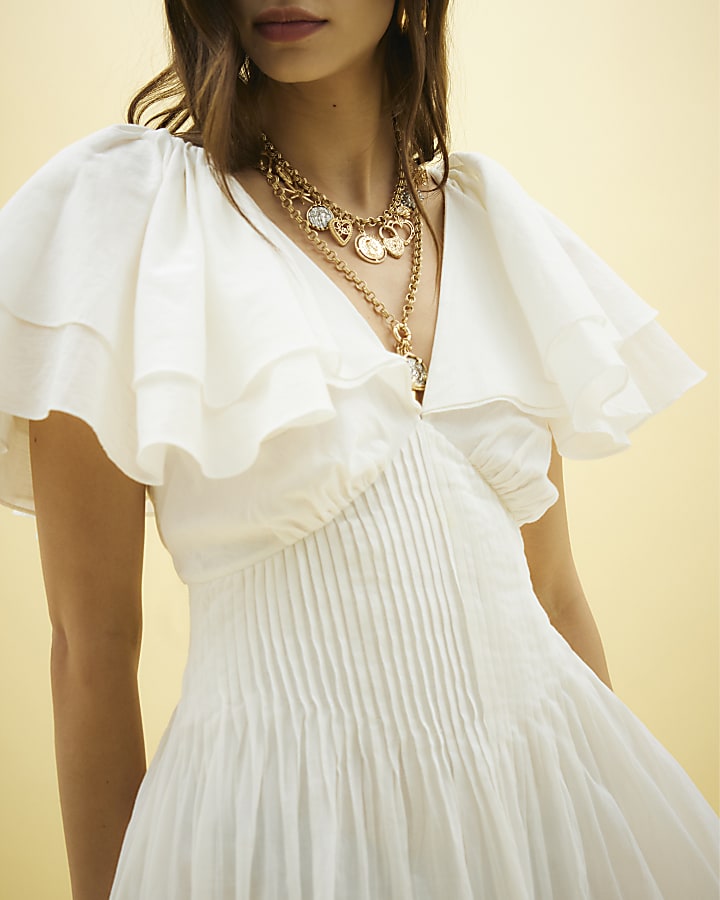 White Short Flutter Sleeve Shirred Midi Dress