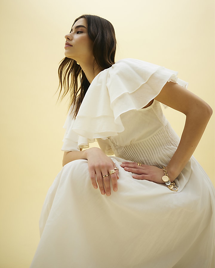 White Short Flutter Sleeve Shirred Midi Dress
