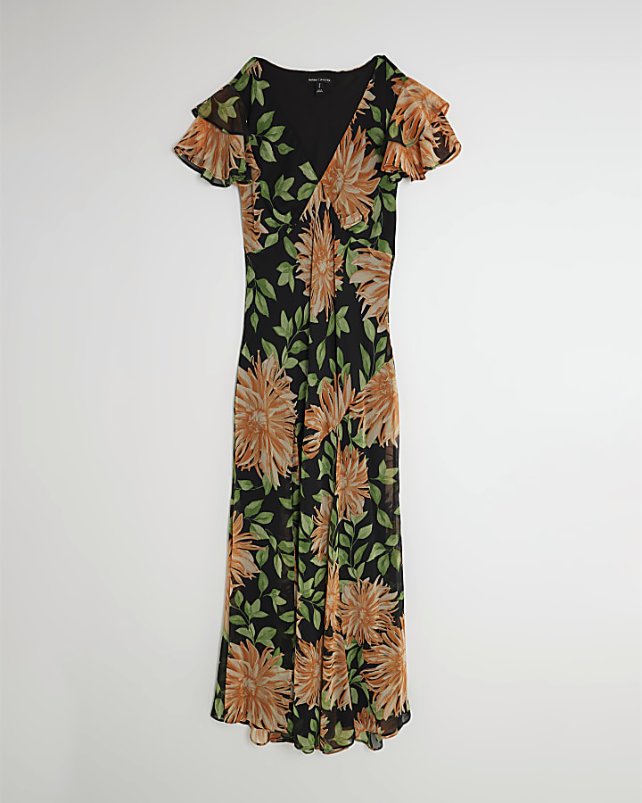 Black Floral Flutter Sleeve Midi Dress