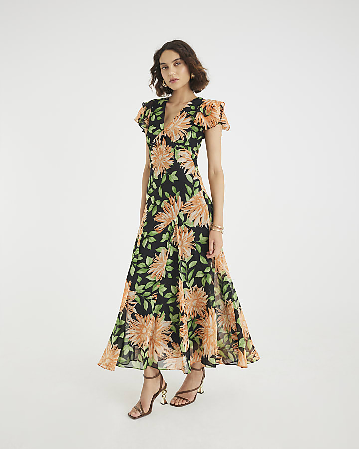 Black Floral Flutter Sleeve Midi Dress