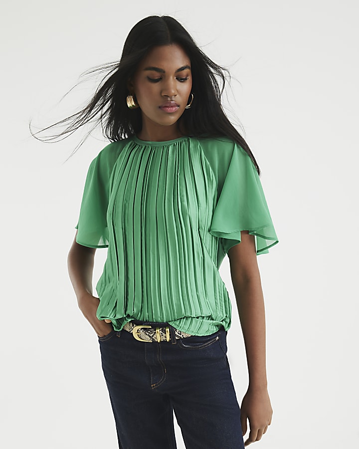 Green Short Sleeve Pleated Hybrid T-shirt