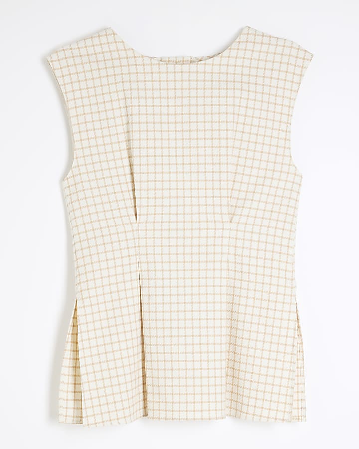 Cream Tailored Darted Check Tunic Top