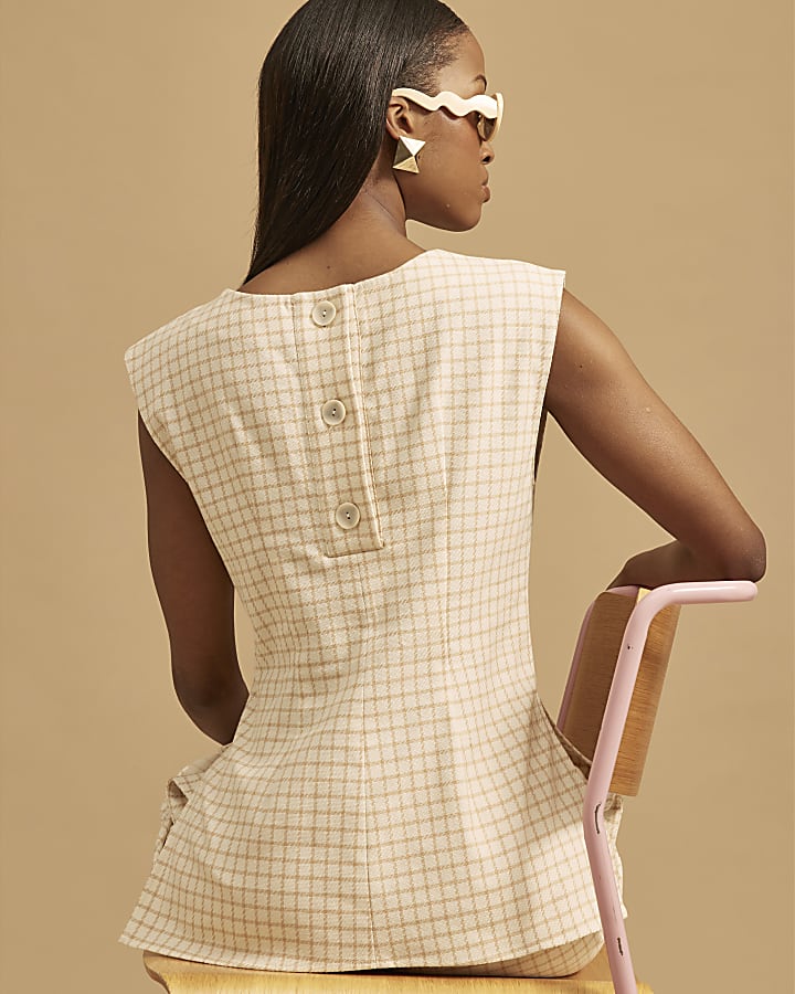 Cream Tailored Darted Check Tunic Top