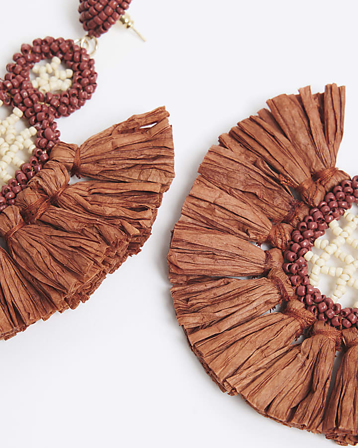 Brown Crochet Raffia Drop Earrings