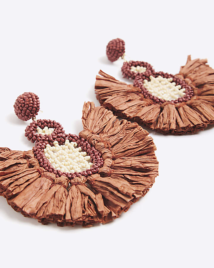 Brown Crochet Raffia Drop Earrings