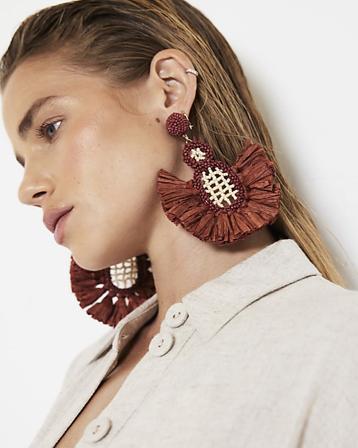 Brown Crochet Raffia Drop Earrings