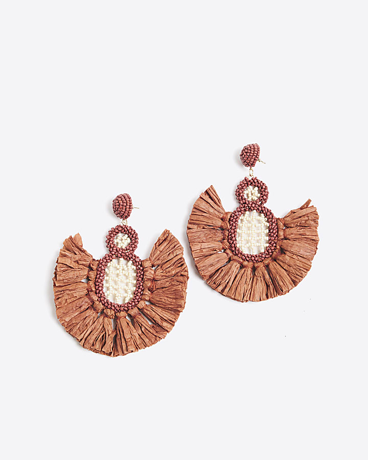 Brown Crochet Raffia Drop Earrings