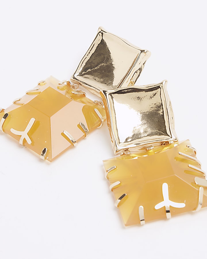 Brown Double Square Amber Drop Earrings