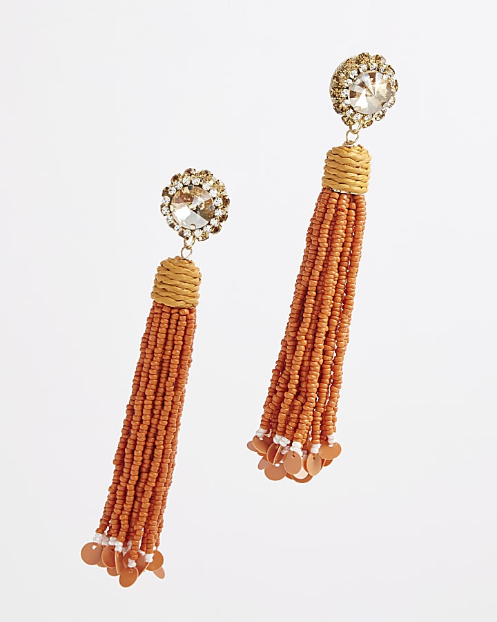 Orange Beaded Tassel Earrings