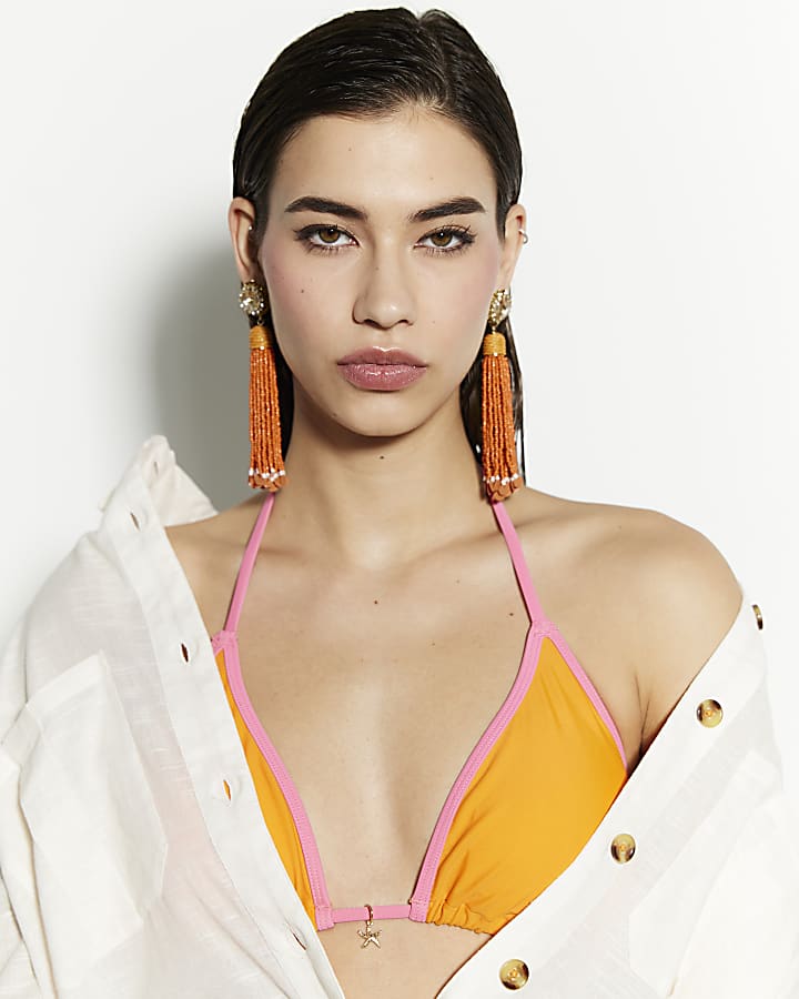 Orange Beaded Tassel Earrings