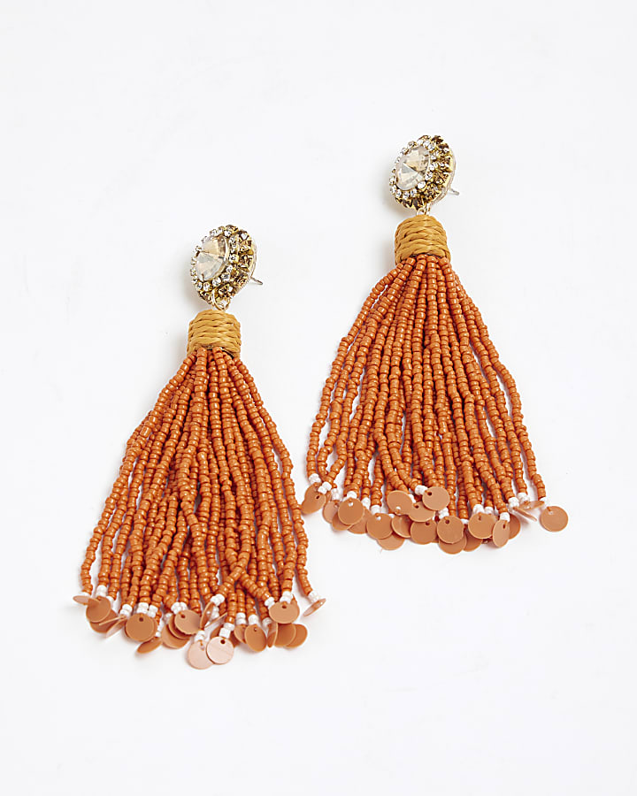 Orange Beaded Tassel Earrings