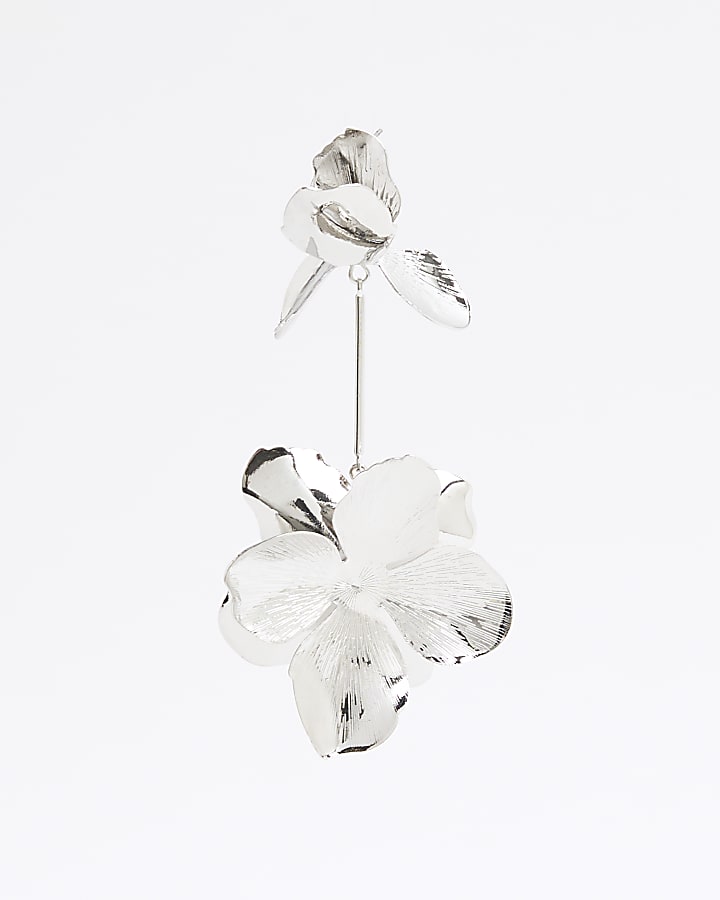 Silver Double Flower Drop Earrings