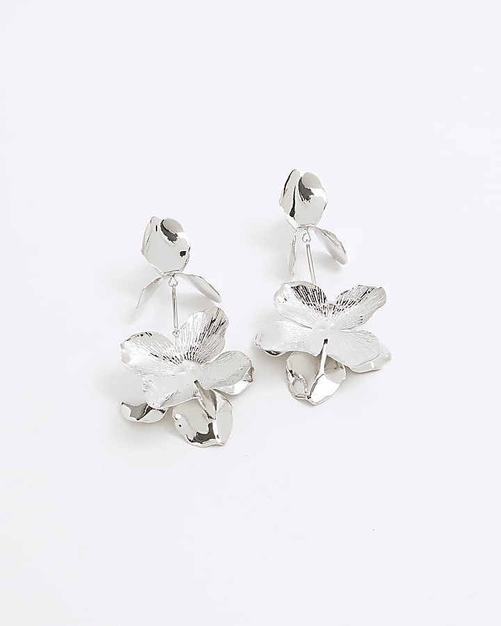 Silver Double Flower Drop Earrings