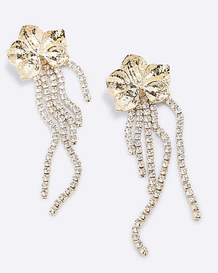 Gold Crystal Drop Flower Earrings