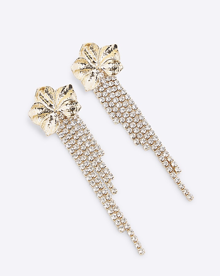 Gold Crystal Drop Flower Earrings