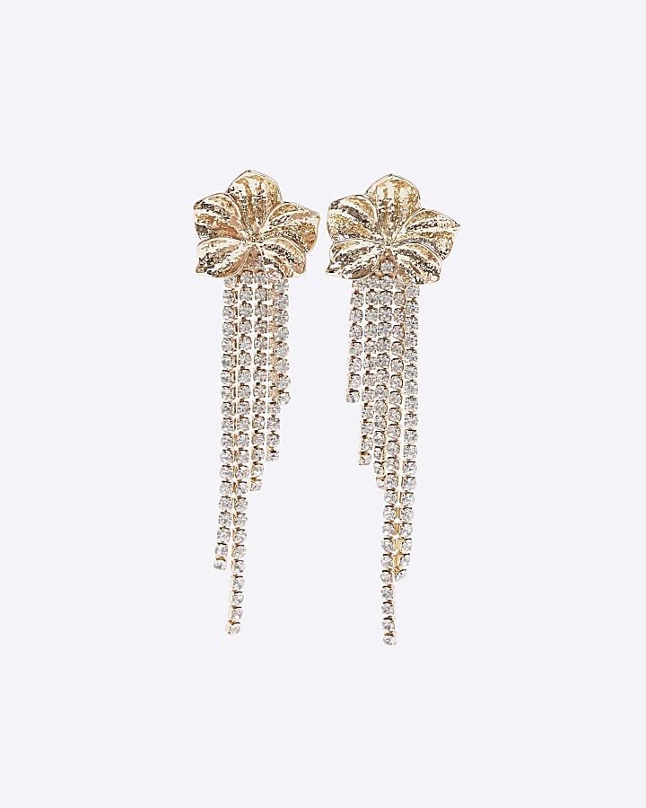 Gold Crystal Drop Flower Earrings