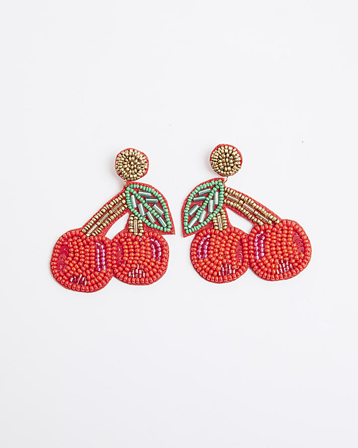 Red Beaded Cherry Stud Earrings