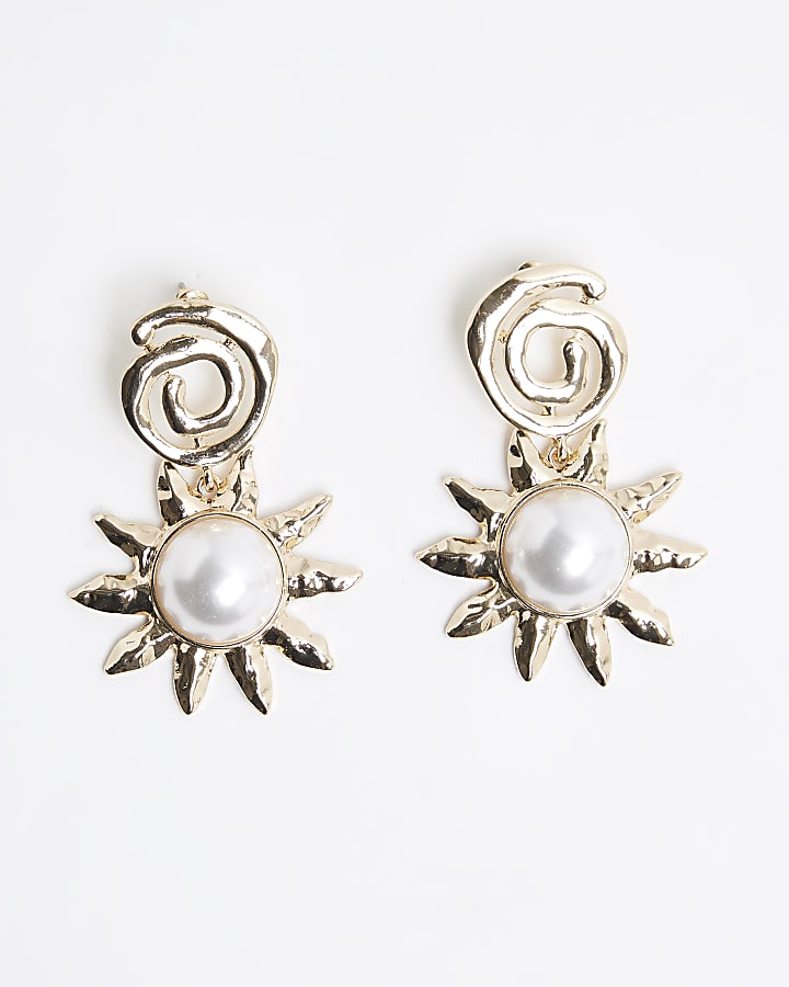 Gold Swirl Pearl Sun Drop Earrings