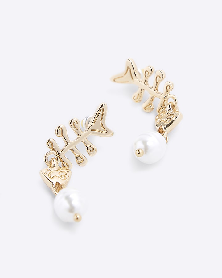 Gold Skeleton Fish Pearl Drop Earrings