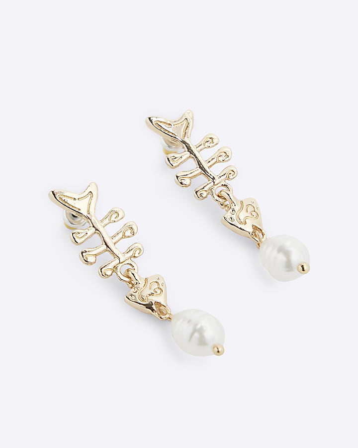 Gold Skeleton Fish Pearl Drop Earrings