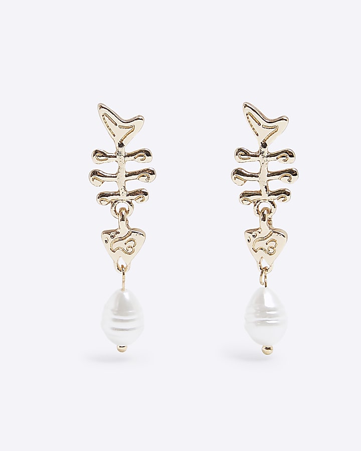 Gold Skeleton Fish Pearl Drop Earrings