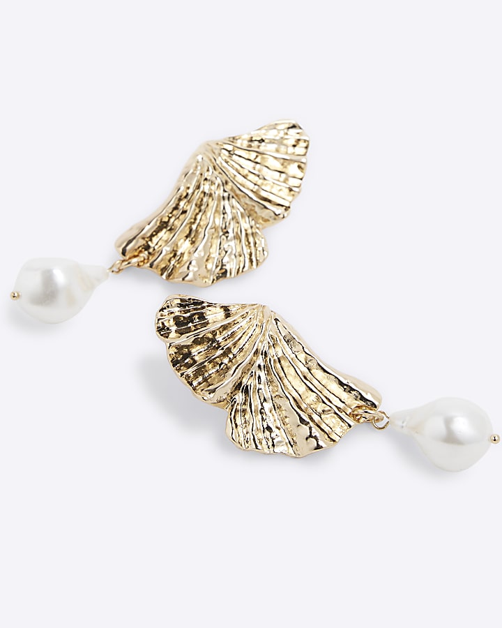 Gold Petal Pearl Earrings