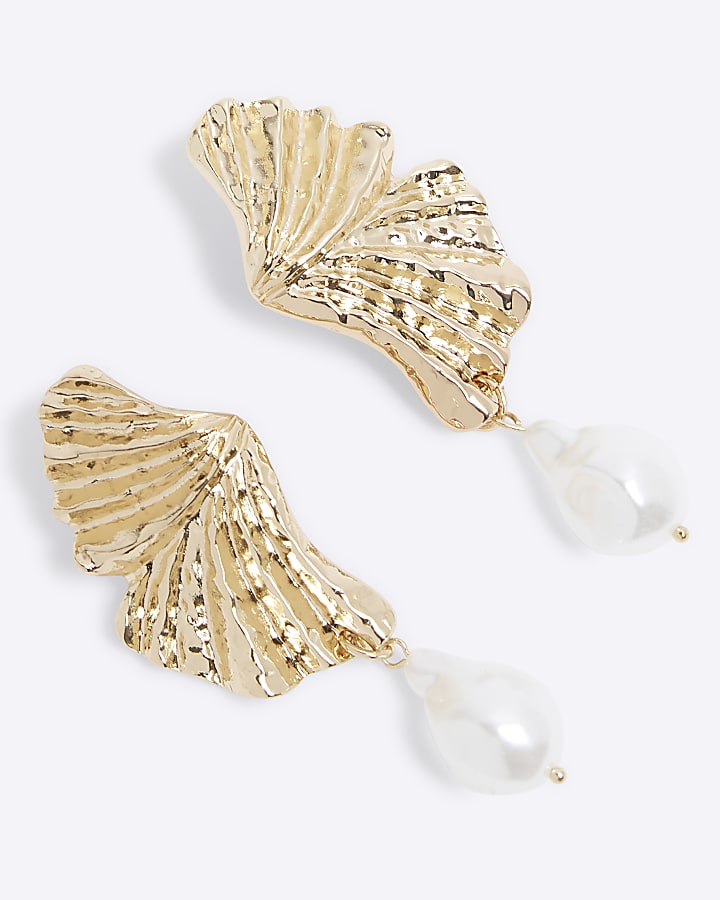 Gold Petal Pearl Earrings