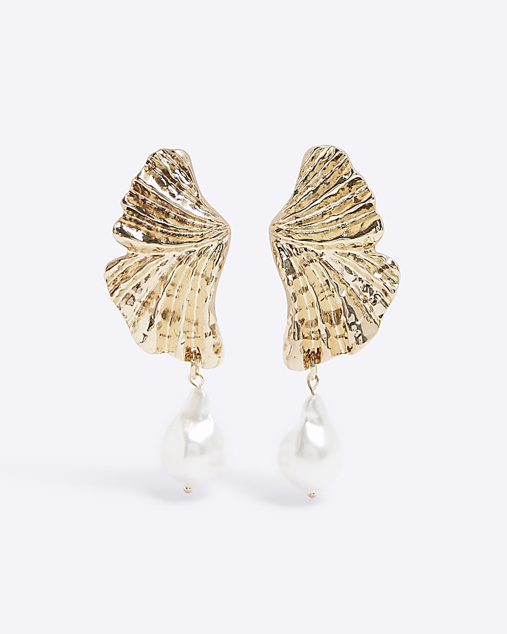 Gold Petal Pearl Earrings