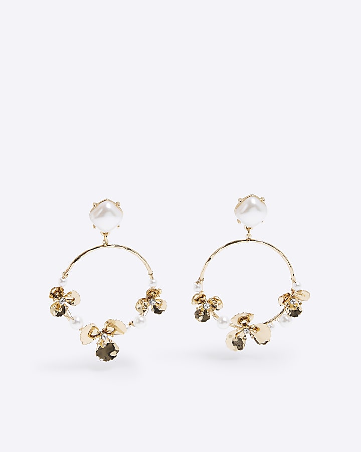 Gold Flower Circle Pearl Drop Earrings