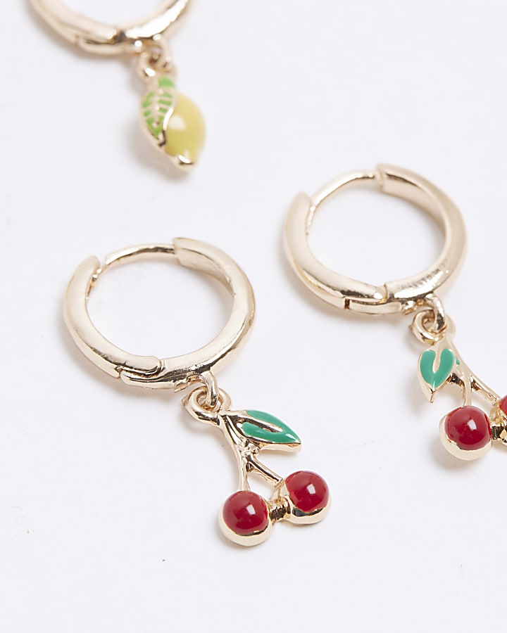 Gold Pack Of 3 Evil Eye & Fruit Drop Earrings