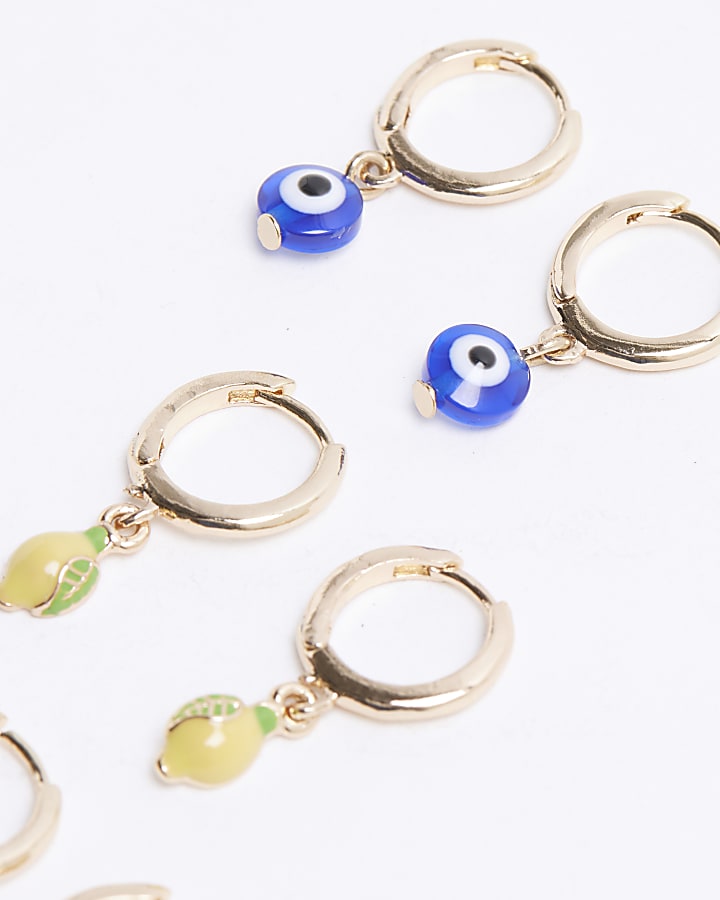 Gold Pack Of 3 Evil Eye & Fruit Drop Earrings