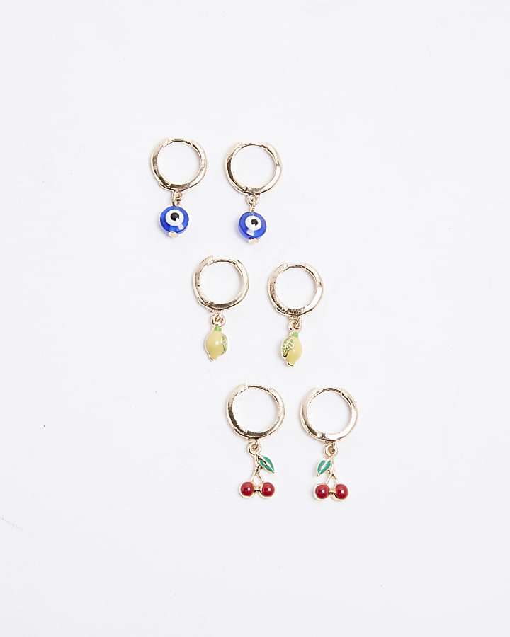 Gold Pack Of 3 Evil Eye & Fruit Drop Earrings