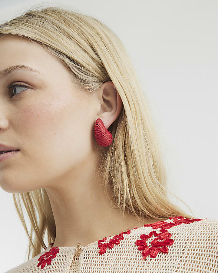 Red Raffia Dome Stud Earrings