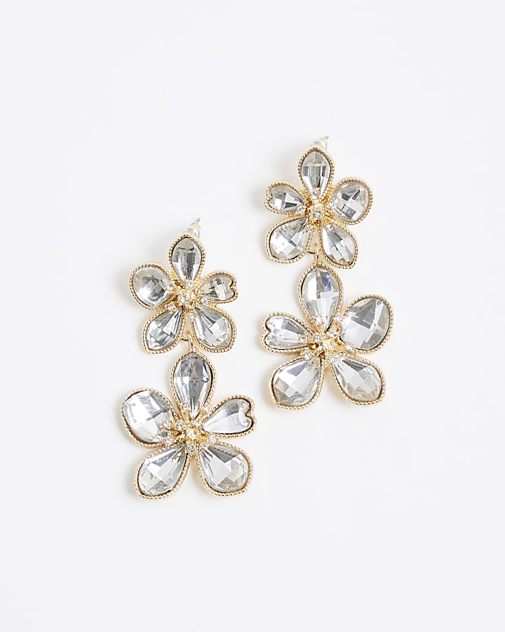 Gold Crystal Flower Double Dropper Earrings