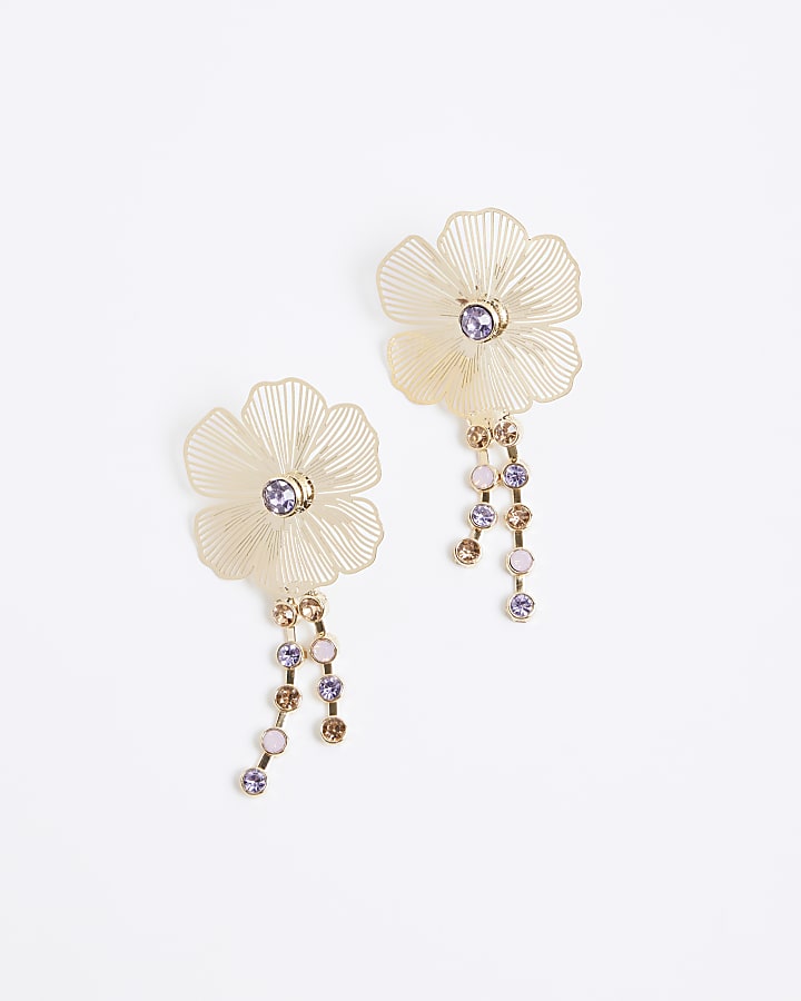 Gold Flower Drop Crystal Earrings