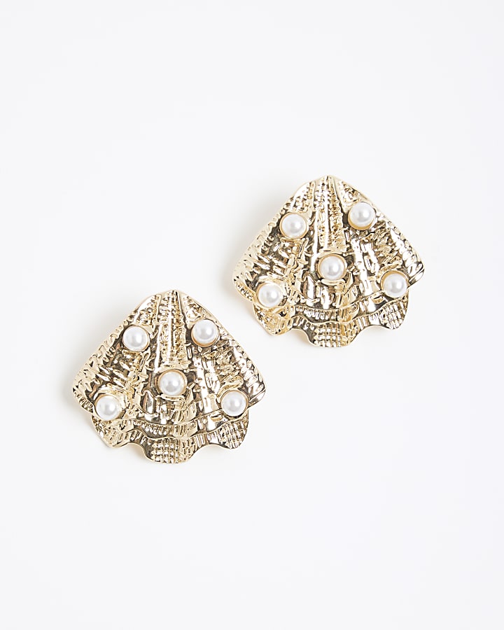 Gold Pearl Shell Stud Earrings