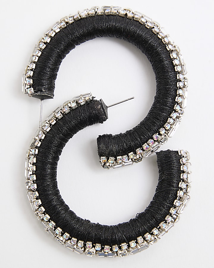 Black Thread Diamante Hoop Earrings