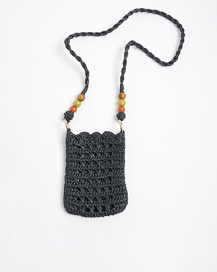 Black Raffia Beaded Cross Body Phone Pouch