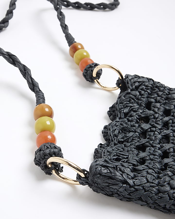 Black Raffia Beaded Cross Body Phone Pouch