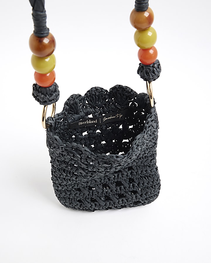 Black Raffia Beaded Cross Body Phone Pouch