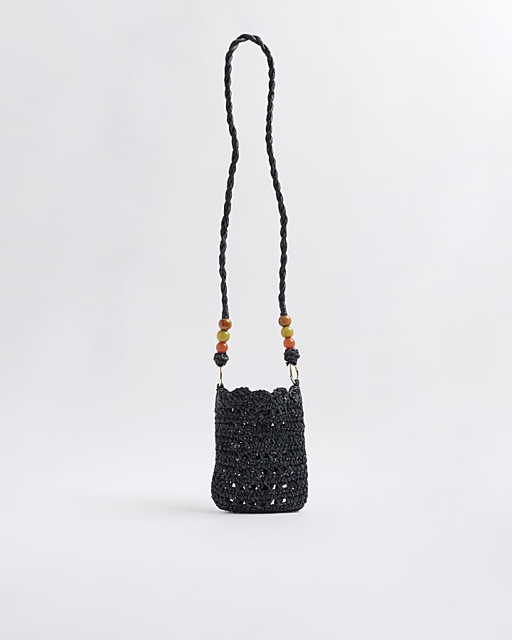 Black Raffia Beaded Cross Body Phone Pouch