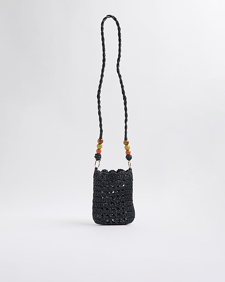 Black Raffia Beaded Cross Body Phone Pouch
