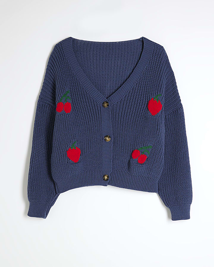 Blue Long Sleeve Strawberry Knit Cardigan