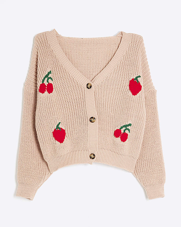 Pink Long Sleeve Strawberry Knit Cardigan