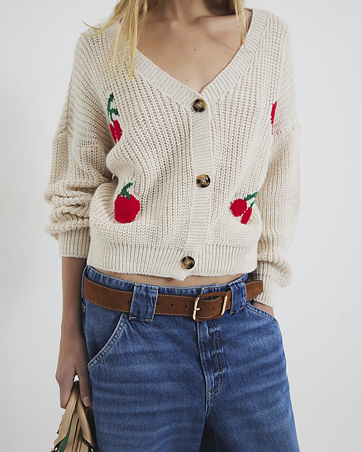 Cream Long Sleeve Strawberry Knit Cardigan