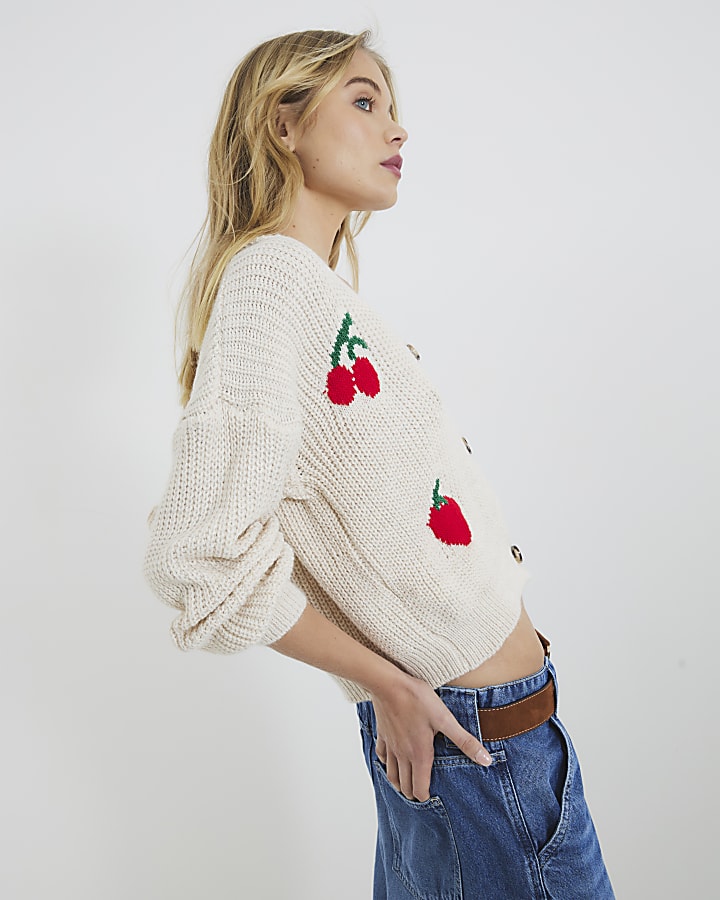 Cream Long Sleeve Strawberry Knit Cardigan